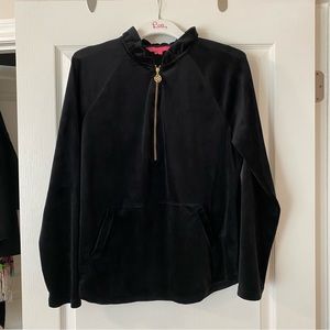 Lilly Pulitzer size Large Velour Ruffled Quarter Zip Pullover in Onyx Black